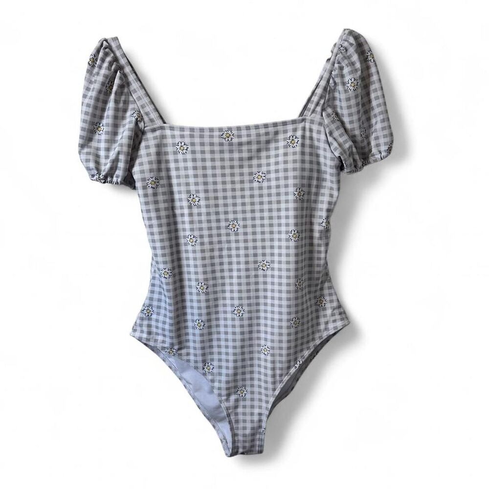 Gingham & Daisy One Piece Swimsuit White & Grey Sz L - Picture 1 of 3